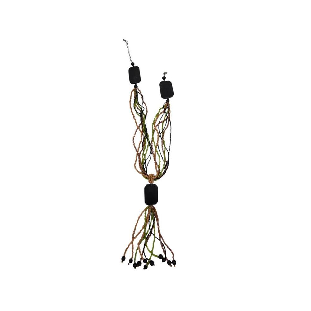 Boho Multi-Strand Beaded Necklace Wood Accents Green Brown Black 17” Tassel